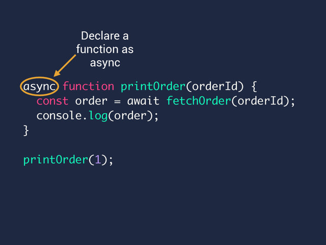 async function printOrder(orderId) {
const order = await fetchOrder(orderId);
console.log(order);
}
printOrder(1);
Declare a
function as
async
