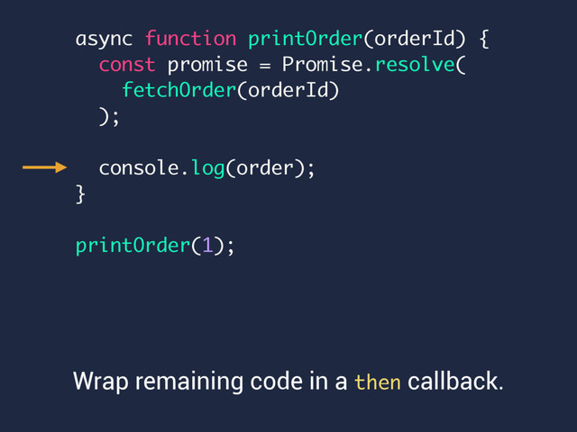 Wrap remaining code in a then callback.
async function printOrder(orderId) {
const promise = Promise.resolve(
fetchOrder(orderId)
);
console.log(order);
}
printOrder(1);
