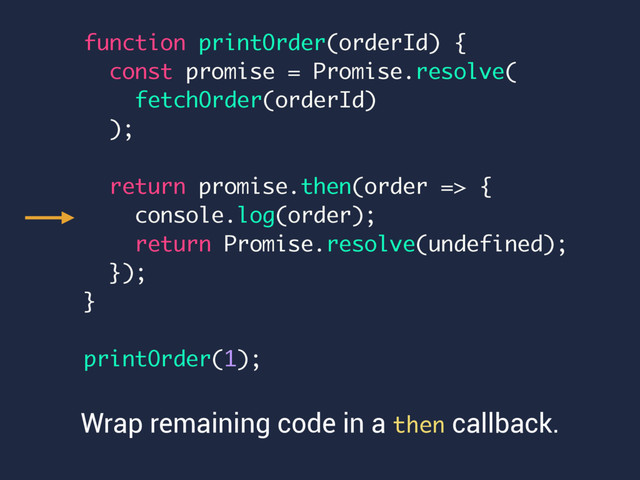 function printOrder(orderId) {
const promise = Promise.resolve(
fetchOrder(orderId)
);
return promise.then(order => {
console.log(order);
return Promise.resolve(undefined);
});
}
printOrder(1);
Wrap remaining code in a then callback.
