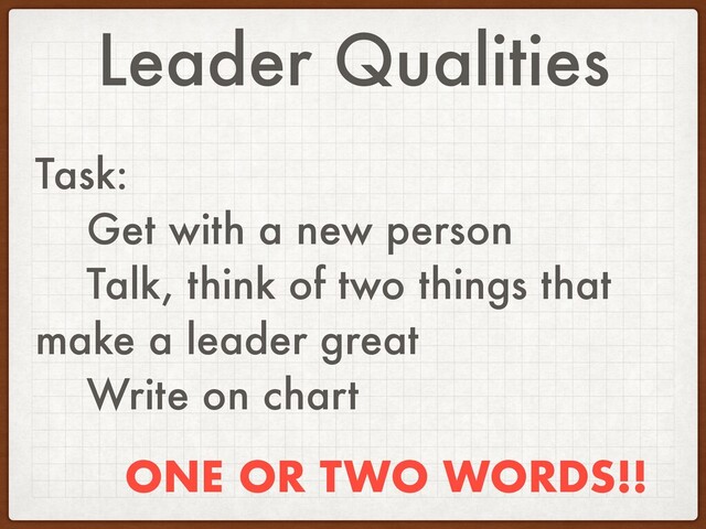 Leader Qualities
Task:
Get with a new person
Talk, think of two things that
make a leader great
Write on chart
ONE OR TWO WORDS!!
