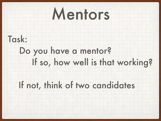 Mentors
Task:
Do you have a mentor?
If so, how well is that working?
If not, think of two candidates
