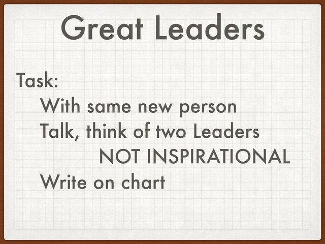Great Leaders
Task:
With same new person
Talk, think of two Leaders
NOT INSPIRATIONAL
Write on chart
