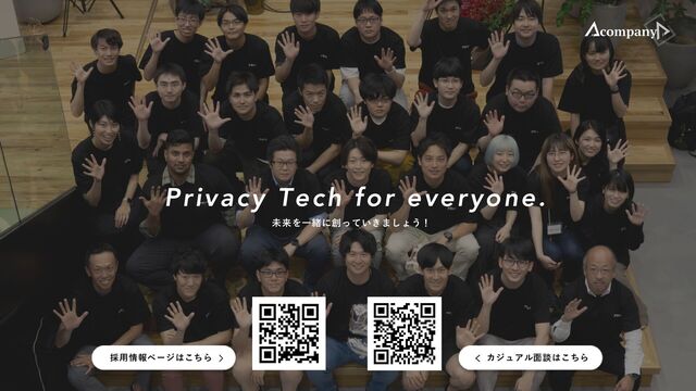 STRICTLY CONFIDENTIAL©Acompany Co.,Ltd. 69
Privacy Tech for everyone.
未来を⼀緒に創っていきましょう！
採⽤情報ページはこちら カジュアル⾯談はこちら
