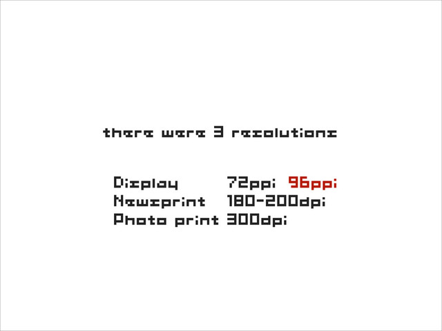 there were 3 resolutions
Display 72ppi
Newsprint 180-200dpi
Photo print 300dpi
96ppi
