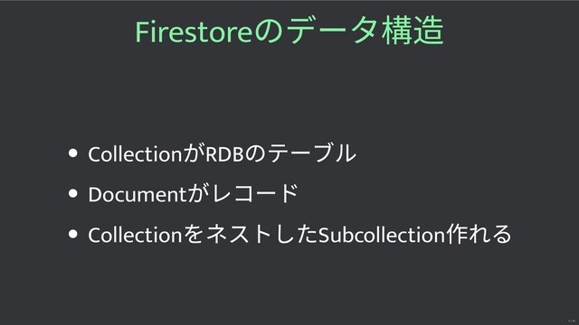 Firestore
のデータ構
Collection
がRDB
のテーブル
Document
がレコード
Collection
をネストしたSubcollection
作れる
5 / 16

