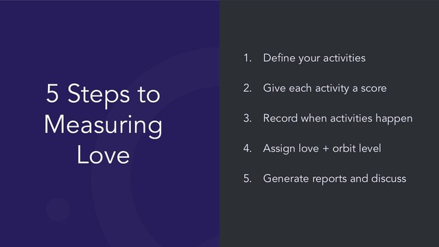 @dzello · #DevRelCon
5 Steps to
Measuring
Love
1. Deﬁne your activities
2. Give each activity a score
3. Record when activities happen
4. Assign love + orbit level
5. Generate reports and discuss
