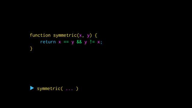 function id(x) {
return x;
}
▶ id(
true
) // (4 chars)
Ὂ true
function symmetric(x, y) {
return x == y && y != x;
}
▶ symmetric( ... )
