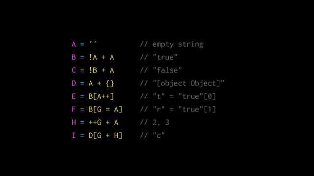 A = '' // empty string
B = !A + A // "true"
C = !B + A // "false"
D = A + {} // "[object Object]"
E = B[A++] // "t" = "true"[0]
F = B[G = A] // "r" = "true"[1]
H = ++G + A // 2, 3
I = D[G + H] // "c"
