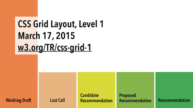 Working Draft Last Call
Candidate 
Recommendation
Proposed 
Recommendation Recommendation
CSS Grid Layout, Level 1
March 17, 2015
w3.org/TR/css-grid-1
