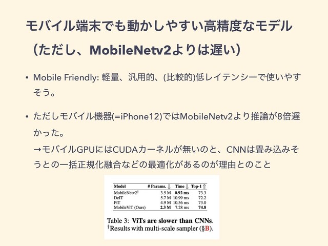 ϞόΠϧ୺຤Ͱ΋ಈ͔͠΍͍͢ߴਫ਼౓ͳϞσϧ
 
ʢͨͩ͠ɺMobileNetv2ΑΓ͸஗͍ʣ
• Mobile Friendly: ܰྔɺ൚༻తɺ(ൺֱత)௿ϨΠςϯγʔͰ࢖͍΍͢
ͦ͏ɻ


• ͨͩ͠ϞόΠϧػث(=iPhone12)Ͱ͸MobileNetv2ΑΓਪ࿦͕8ഒ஗
͔ͬͨɻ
 
→ϞόΠϧGPUʹ͸CUDAΧʔωϧ͕ແ͍ͷͱɺCNN͸৞ΈࠐΈͦ
͏ͱͷҰׅਖ਼نԽ༥߹ͳͲͷ࠷దԽ͕͋Δͷ͕ཧ༝ͱͷ͜ͱ
