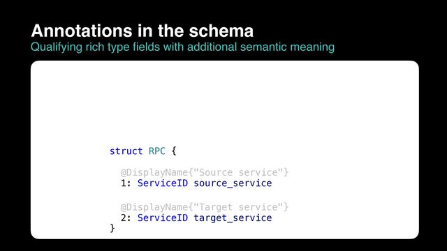 struct RPC {


@DisplayName{"Source service"}


1: ServiceID source_service


@DisplayName{"Target service"}


2: ServiceID target_service


}
Annotations in the schema
Qualifying rich type fields with additional semantic meaning

