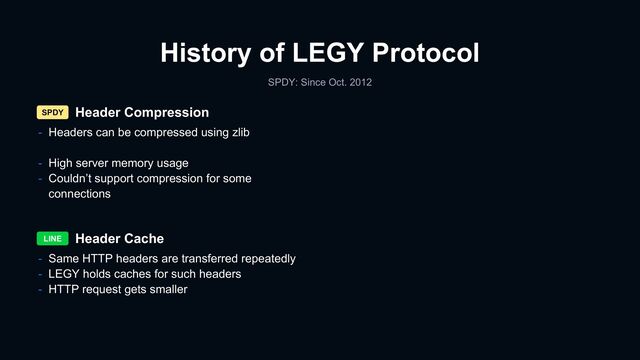 Header Compression
History of LEGY Protocol
SPDY: Since Oct. 2012
Header Cache
- Same HTTP headers are transferred repeatedly
- LEGY holds caches for such headers
- HTTP request gets smaller
- Headers can be compressed using zlib
- High server memory usage
- Couldn’t support compression for some
connections
SPDY
LINE
