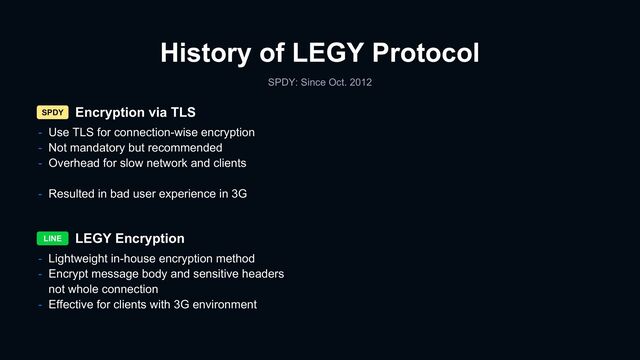 Encryption via TLS
History of LEGY Protocol
SPDY: Since Oct. 2012
LEGY Encryption
- Lightweight in-house encryption method
- Encrypt message body and sensitive headers
not whole connection
- Effective for clients with 3G environment
SPDY
LINE
- Use TLS for connection-wise encryption
- Not mandatory but recommended
- Overhead for slow network and clients
- Resulted in bad user experience in 3G

