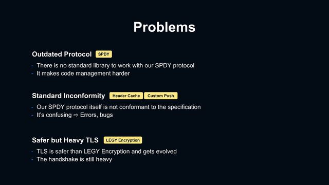 Problems
- There is no standard library to work with our SPDY protocol
- It makes code management harder
Outdated Protocol
Safer but Heavy TLS
- TLS is safer than LEGY Encryption and gets evolved
- The handshake is still heavy
- Our SPDY protocol itself is not conformant to the specification
- It’s confusing ⇨ Errors, bugs
Standard Inconformity
SPDY
Header Cache Custom Push
LEGY Encryption
