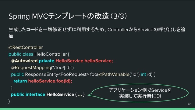 生成したコードを一切修正せずに利用するため、ControllerからServiceの呼び出しを追
加
@RestController
public class HelloController {
@Autowired private HelloService helloService;
@RequestMapping(“/foo/{id}”)
public ResponseEntity foo(@PathVariable(“id”) int id) {
return helloService.foo(id);
}
public interface HelloService { ... }
}
Spring MVCテンプレートの改造（3/3）
27
アプリケーション側でServiceを
実装して実行時にDI
