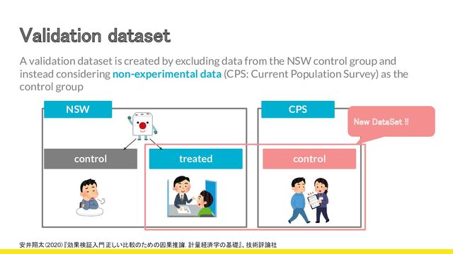 Validation dataset 
安井翔太（2020）『効果検証入門 正しい比較のための因果推論
/. 計量経済学の基礎』、技術評論社
5
A validation dataset is created by excluding data from the NSW control group and
instead considering non-experimental data (CPS: Current Population Survey) as the
control group
treated
control
NSW CPS
control
New DataSet !! 
