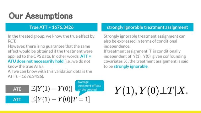 Our Assumptions 
True ATT = 1676.3426 strongly ignorable treatment assignment
In the treated group, we know the true effect by
RCT.
However, there is no guarantee that the same
effect would be obtained if the treatment were
applied to the CPS data. In other words, ATT =
ATU does not necessarily hold (i.e., we do not
know the true ATE).
All we can know with this validation data is the
ATT (:= 1676.3426).
ATE
ATT
Average
treatment effects
on the treated
Strongly ignorable treatment assignment can
also be expressed in terms of conditional
independence.
If treatment assignment T is conditionally
independent of Y(1) , Y(0) given confounding
covariates X , the treatment assignment is said
to be strongly ignorable.
