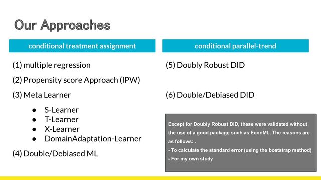 Our Approaches  
conditional treatment assignment conditional parallel-trend
(1) multiple regression
(2) Propensity score Approach (IPW)
(3) Meta Learner
● S-Learner
● T-Learner
● X-Learner
● DomainAdaptation-Learner
(4) Double/Debiased ML
(5) Doubly Robust DID
(6) Double/Debiased DID
Except for Doubly Robust DID, these were validated without
the use of a good package such as EconML. The reasons are
as follows: .
- To calculate the standard error (using the boatstrap method)
- For my own study
