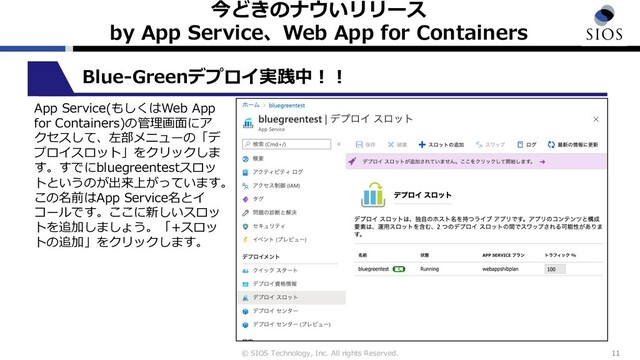 © SIOS Technology, Inc. All rights Reserved.
今どきのナウいリリース
by App Service、Web App for Containers
11
App Service(もしくはWeb App
for Containers)の管理画⾯にア
クセスして、左部メニューの「デ
プロイスロット」をクリックしま
す。すでにbluegreentestスロッ
トというのが出来上がっています。
この名前はApp Service名とイ
コールです。ここに新しいスロッ
トを追加しましょう。「+スロッ
トの追加」をクリックします。
Blue-Greenデプロイ実践中︕︕
