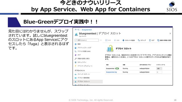 © SIOS Technology, Inc. All rights Reserved.
今どきのナウいリリース
by App Service、Web App for Containers
18
Blue-Greenデプロイ実践中︕︕
⾒た⽬にはわかりませんが、スワップ
されています。試しにbluegreentest
のスロットにあるApp Serviceにアク
セスしたら「fuga」と表⽰されるはず
です。

