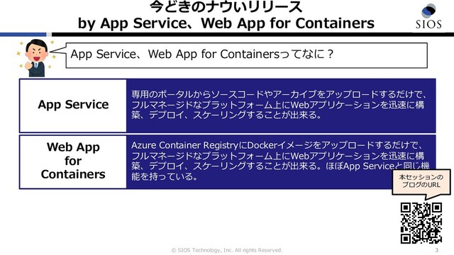 © SIOS Technology, Inc. All rights Reserved.
今どきのナウいリリース
by App Service、Web App for Containers
3
App Service、Web App for Containersってなに︖
Azure Container RegistryにDockerイメージをアップロードするだけで、
フルマネージドなプラットフォーム上にWebアプリケーションを迅速に構
築、デプロイ、スケーリングすることが出来る。ほぼApp Serviceと同じ機
能を持っている。
Web App
for
Containers
専⽤のポータルからソースコードやアーカイブをアップロードするだけで、
フルマネージドなプラットフォーム上にWebアプリケーションを迅速に構
築、デプロイ、スケーリングすることが出来る。
App Service
本セッションの
ブログのURL
