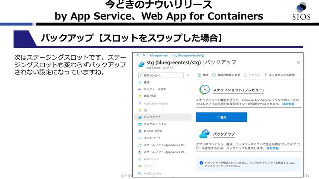 © SIOS Technology, Inc. All rights Reserved.
今どきのナウいリリース
by App Service、Web App for Containers
31
バックアップ【スロットをスワップした場合】
次はステージングスロットです。ステー
ジングスロットも変わらずバックアップ
されない設定になっていますね。
