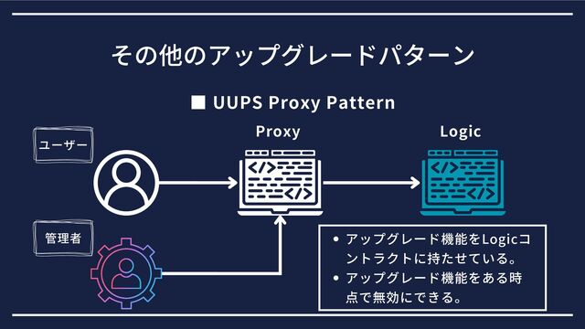 ■ UUPS Proxy Pattern
その他のアップグレードパターン
Proxy Logic
ユーザー
管理者 アップグレード機能をLogicコ
ントラクトに持たせている。
アップグレード機能をある時
点で無効にできる。
