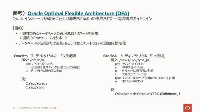 Oracleインストールが確実に正しく構成されるように作成された⼀連の構成ガイドライン
【⽬的】
• ⼀貫性のあるデータベースの管理およびサポートを実現
→ 複数のOracleホームをサポート
• データベースの拡張または追加(あるいは他のハードウェアの追加)を簡略化
参考）Oracle Optimal Flexible Architecture (OFA)
Copyright© 2023, Oracle. All rights reserved.
12
Oracleベース・ディレクトリのネーミング規則
構⽂: /pm/h/u
pm: マウント・ポイント名
h: ⼩規模な標準ディレクトリ名セットから選択
u: ディレクトリの所有者の名前
例:
C:¥app¥oracle
C:¥app¥grid
Oracleホーム・ディレクトリのネーミング規則
構⽂: /pm/s/u/v/type_[n]
pm: マウント・ポイント名
s: 標準ディレクトリ名
u: ディレクトリの所有者の名前
v: ソフトウェアのバージョン
type: インストールのタイプ (dbhome | client | grid)
n: オプションのカウンタ
例:
C:¥app¥oracle¥product¥19.0.0¥dbhome_1
