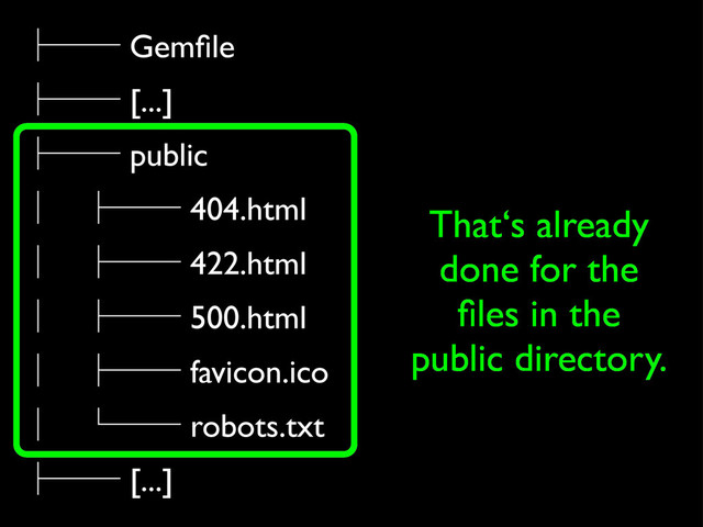 ᵓᴷᴷ Gemﬁle
ᵓᴷᴷ [...]
ᵓᴷᴷ public
ᴹ ᵓᴷᴷ 404.html
ᴹ ᵓᴷᴷ 422.html
ᴹ ᵓᴷᴷ 500.html
ᴹ ᵓᴷᴷ favicon.ico
ᴹ ᵋᴷᴷ robots.txt
ᵓᴷᴷ [...]
That‘s already
done for the
ﬁles in the
public directory.
