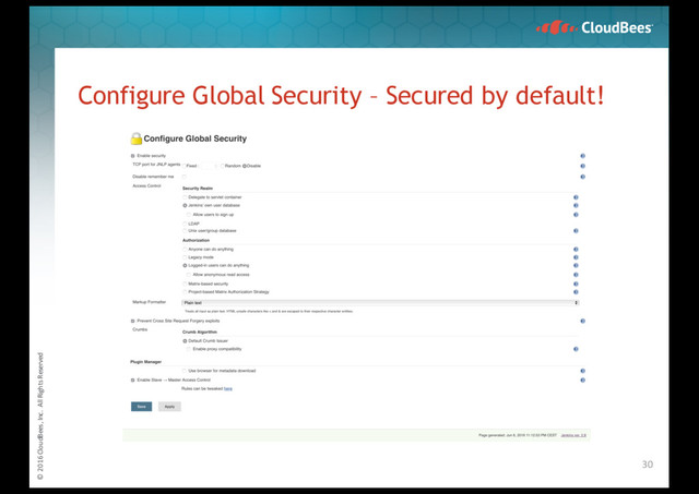 © 2016 CloudBees, Inc. All Rights Reserved
Configure Global Security – Secured by default!
30
