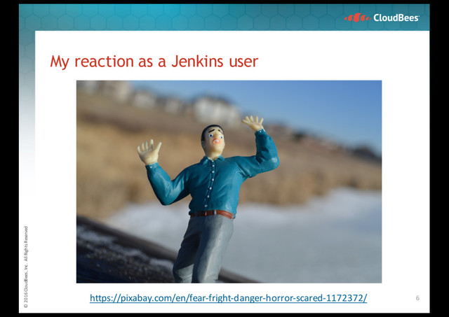 © 2016 CloudBees, Inc. All Rights Reserved
My reaction as a Jenkins user
6
https://pixabay.com/en/fear-fright-danger-horror-scared-1172372/
