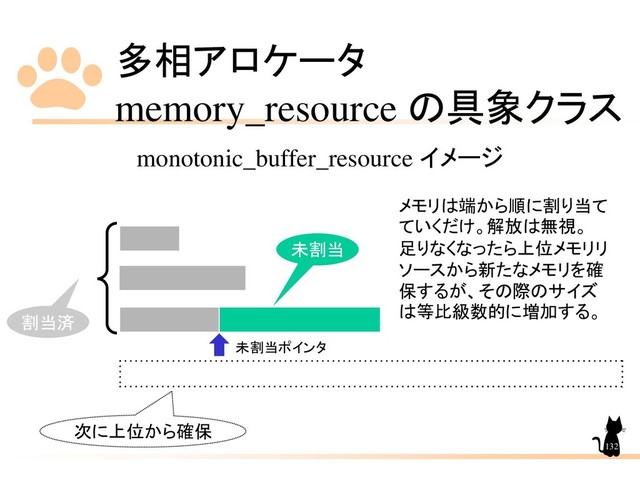 多相アロケータ
memory_resource の具象クラス
132
monotonic_buffer_resource イメージ
メモリは端から順に割り当て
ていくだけ。解放は無視。
足りなくなったら上位メモリリ
ソースから新たなメモリを確
保するが、その際のサイズ
は等比級数的に増加する。
割当済
未割当
次に上位から確保
未割当ポインタ

