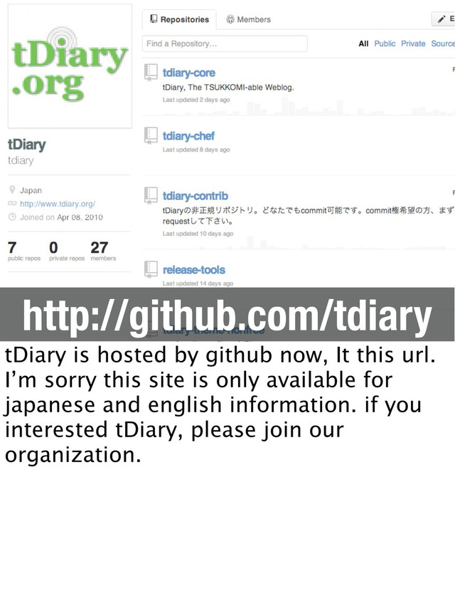 http://github.com/tdiary
tDiary is hosted by github now, It this url.
I’m sorry this site is only available for
japanese and english information. if you
interested tDiary, please join our
organization.

