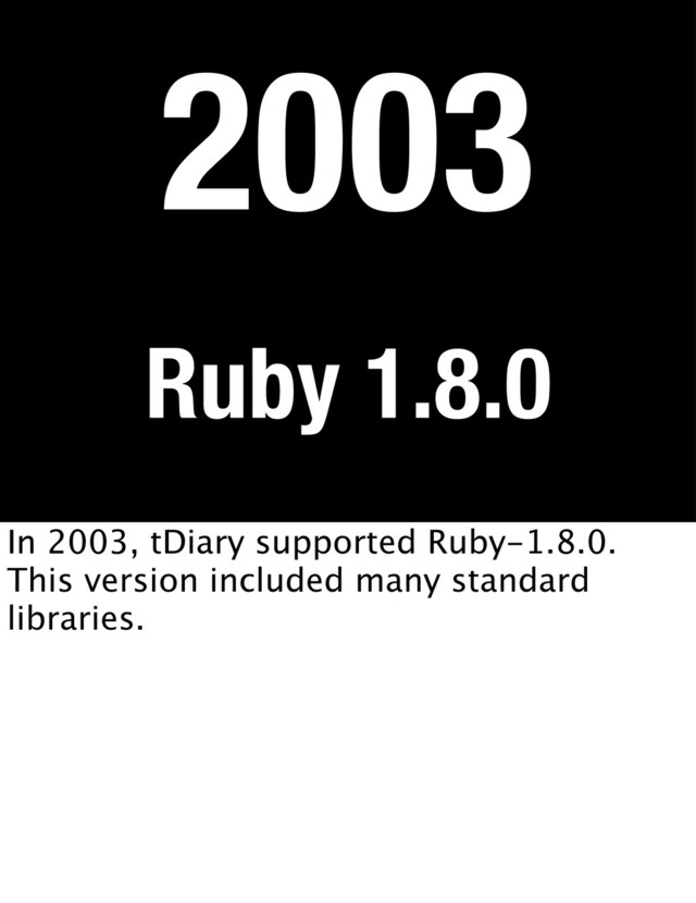 Ruby 1.8.0
2003
In 2003, tDiary supported Ruby-1.8.0.
This version included many standard
libraries.
