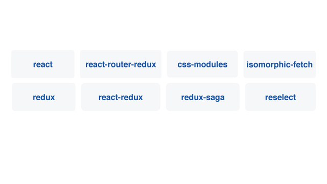 react react-router-redux
redux react-redux redux-saga reselect
css-modules isomorphic-fetch
