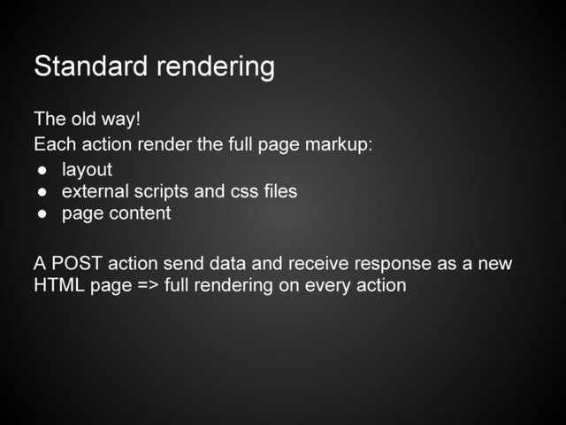 Standard rendering
The old way!
Each action render the full page markup:
● layout
● external scripts and css files
● page content
A POST action send data and receive response as a new
HTML page => full rendering on every action
