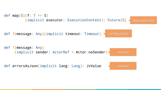 def map[S](f: T => S)
(implicit executor: ExecutionContext): Future[S]
def ?(message: Any)(implicit timeout: Timeout)
def !(message: Any)
(implicit sender: ActorRef = Actor.noSender)
def errorsAsJson(implicit lang: Lang): JsValue
dependencies
configuration
context
context
