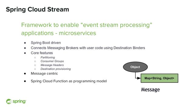 Spring Cloud Stream
Framework to enable “event stream processing”
applications - microservices
● Spring Boot driven
● Connects Messaging Brokers with user code using Destination Binders
● Core features
○ Partitioning
○ Consumer Groups
○ Message Headers
○ Destination provisioning
● Message centric
● Spring Cloud Function as programming model
