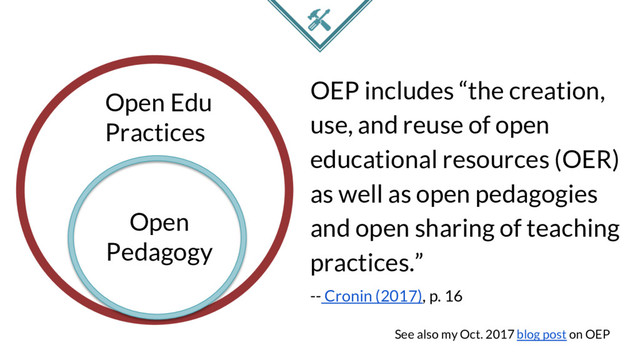 OEP includes “the creation,
use, and reuse of open
educational resources (OER)
as well as open pedagogies
and open sharing of teaching
practices.”
-- Cronin (2017), p. 16
See also my Oct. 2017 blog post on OEP
Open Edu
Practices
Open
Pedagogy
