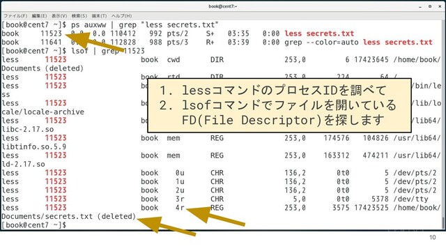 10
1. lessコマンドのプロセスIDを調べて
2. lsofコマンドでファイルを開いている
FD(File Descriptor)を探します

