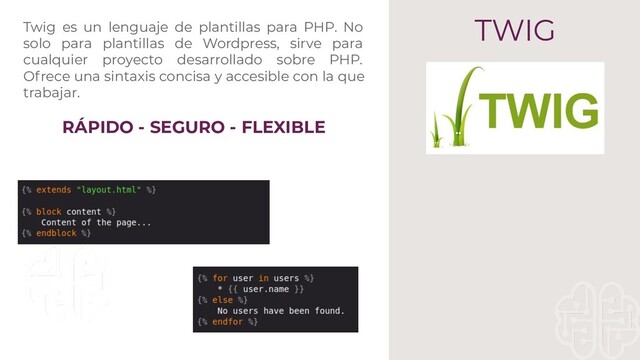 TWIG
Twig es un lenguaje de plantillas para PHP. No
solo para plantillas de Wordpress, sirve para
cualquier proyecto desarrollado sobre PHP.
Ofrece una sintaxis concisa y accesible con la que
trabajar.
RÁPIDO - SEGURO - FLEXIBLE
