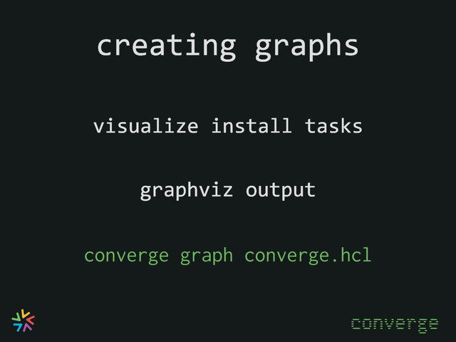 creating graphs
visualize install tasks
converge
converge graph converge.hcl
graphviz output
