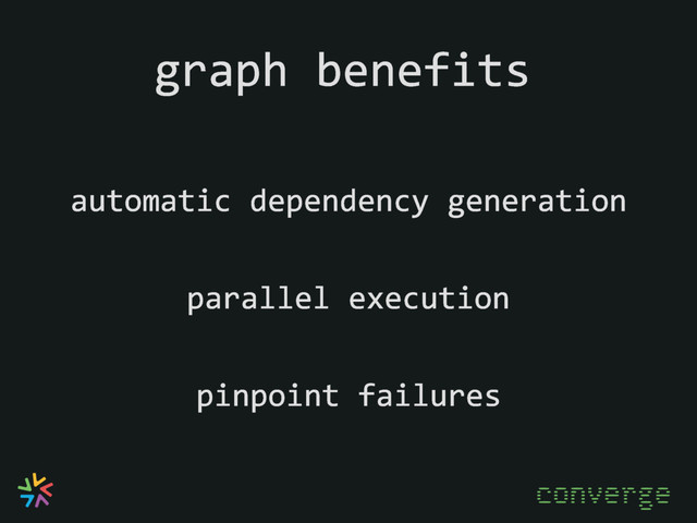 graph benefits
automatic dependency generation
pinpoint failures
parallel execution
converge
