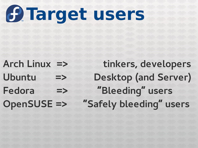 Target users
Arch Linux => tinkers, developers
Ubuntu => Desktop (and Server)
Fedora => “Bleeding” users
OpenSUSE => “Safely bleeding” users
