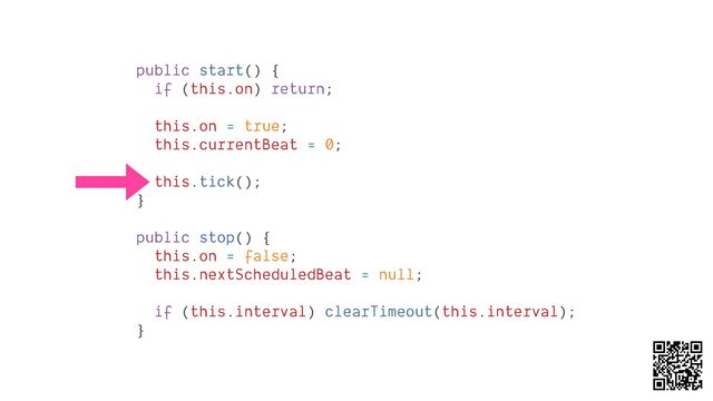 public start() {
if (this.on) return;
this.on = true;
this.currentBeat = 0;
this.tick();
}
public stop() {
this.on = false;
this.nextScheduledBeat = null;
if (this.interval) clearTimeout(this.interval);
}
