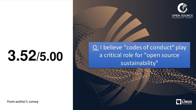 3.52/5.00
Q: I believe "codes of conduct" play
a critical role for "open source
sustainability"
From author’s survey
