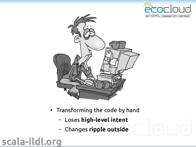 scala-ildl.org
●
Transforming the code by hand
– Loses high-level intent
– Changes ripple outside
