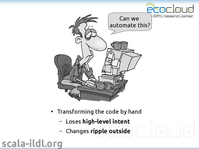 scala-ildl.org
●
Transforming the code by hand
– Loses high-level intent
– Changes ripple outside
Can we
automate this?
