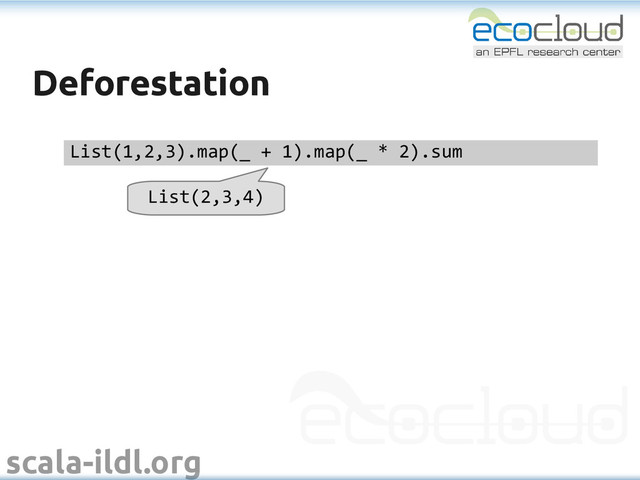 scala-ildl.org
Deforestation
Deforestation
List(1,2,3).map(_ + 1).map(_ * 2).sum
List(2,3,4)

