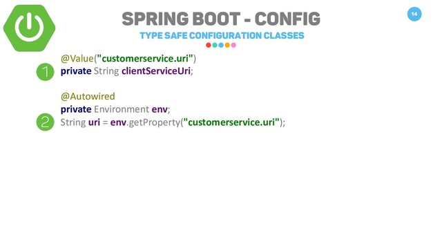 Spring Boot - Config
Type safe Configuration Classes
14
@Value("customerservice.uri")
private String clientServiceUri;
@Autowired
private Environment env;
String uri = env.getProperty("customerservice.uri");
1
2
